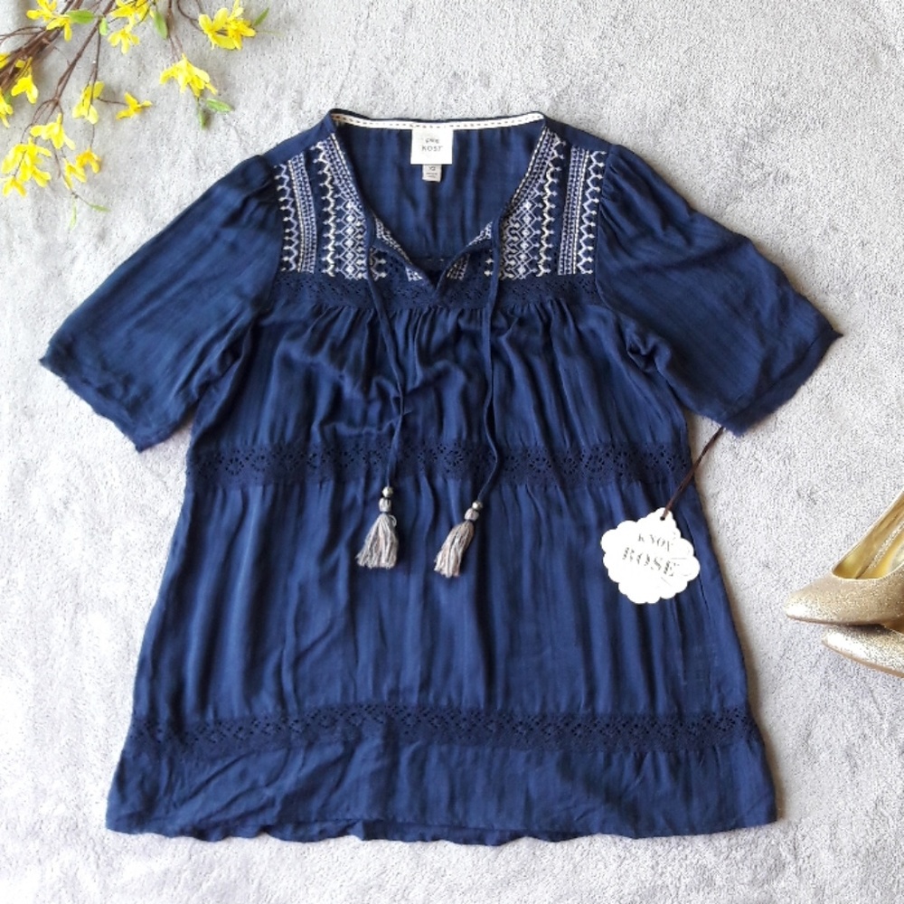 Know Rose Blue Boho Peasant Blouse Top